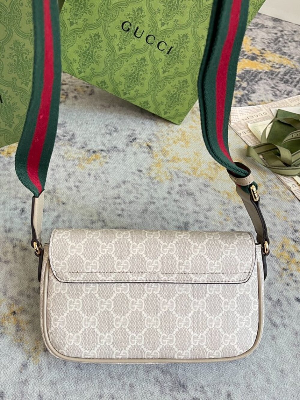 Gucci Ophidia Pochette White GG Canvas Crossbody-Beige - Picture 5 of 9